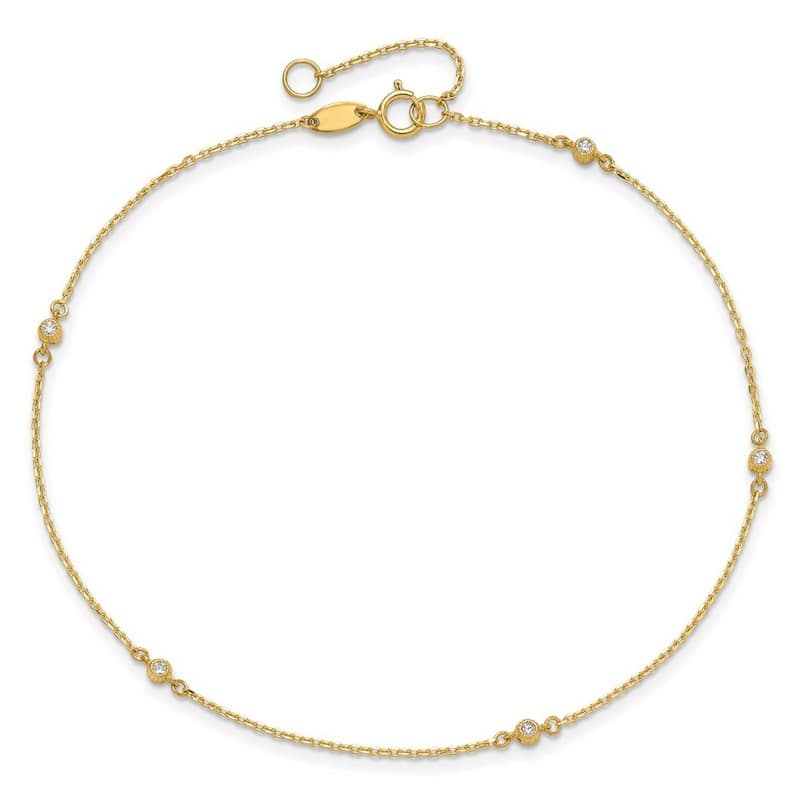 Curata 14k Yellow Gold 9+1" Bezel CZ 5-Station Cable Chain Anklet (Spring-ring)