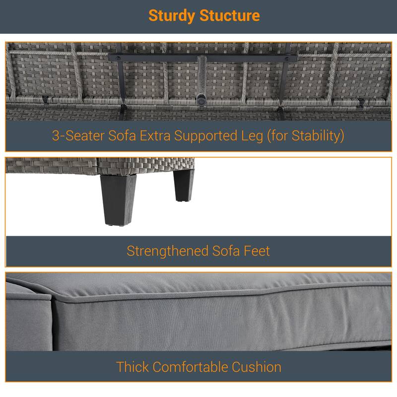 Livoosun 8 Pieces Patio Sofa with 28'' Fire Table Set, PE Wicker, Wide Armrests High Back Sofa Chair Design for Lawn, Patio