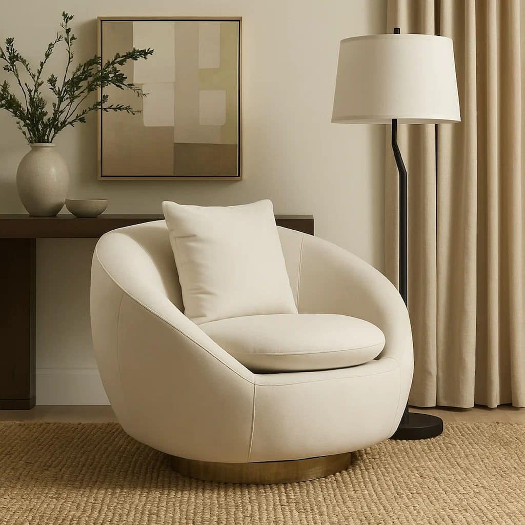 Dela Swivel Accent Chair with Pillow, Cream Velvet, Brushed Gold Base