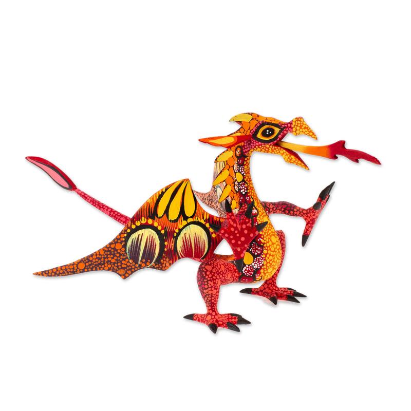 Handmade Copal Wood Dragon Alebrije Sculpture in Red and Orange (Mexico) - 17 cm H x 24 cm W x 15 cm D