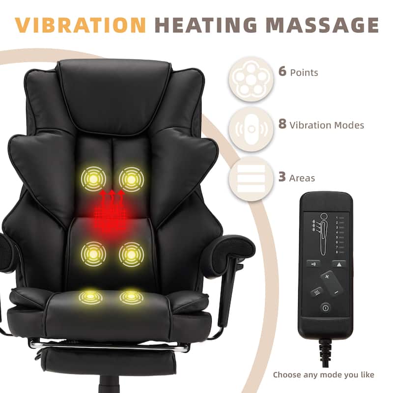 Ergonomic 6-Point Massage Office Chair with Heating, Reclining Function, Retractable Footrest, and Adjustable Armrests