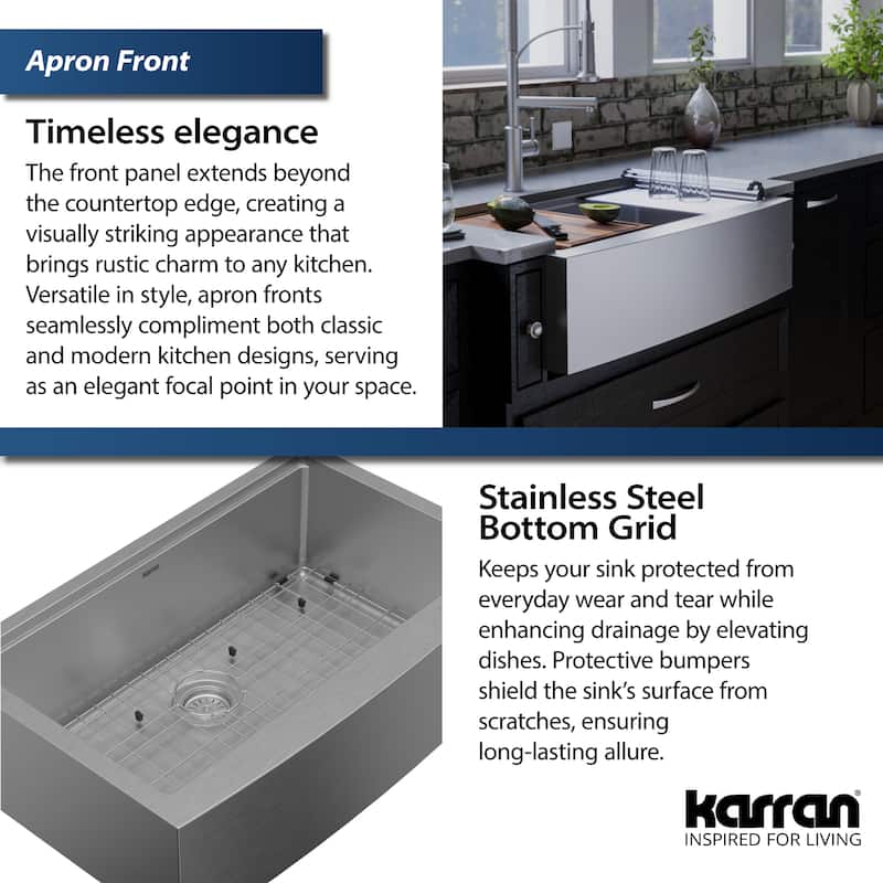Karran 33" Undermount Large Single Bowl Stainless Steel Farmhouse Workstation Sink