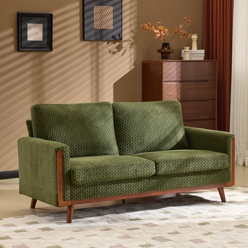 Modern Farmhouse Velvet Upholstery Loveseat With Solid Wood Frame Compact 2-Seater Couch For Small Space