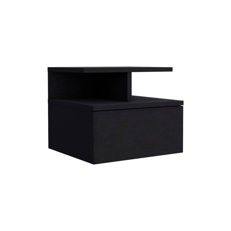 Wall-Mounted Floating Nightstand with Drawer and 2-Tier Shelf, Black, 12inch Height