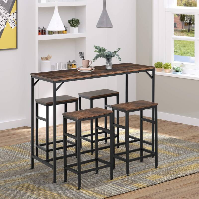 5-Piece Rustic Wood Table Bar Set with Footrest and Black Steel Frame for Home Kitchen or Dining