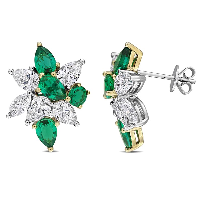 3ct TW Lab-Grown Diamond 2 7/8ct TGW Created Emerald Earrings in 18k Two-Tone Gold