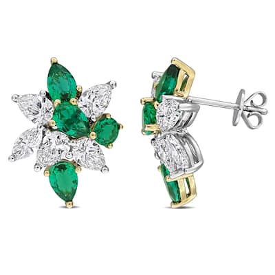 3ct TW Lab-Grown Diamond 2 7/8ct TGW Created Emerald Earrings in 18k Two-Tone Gold
