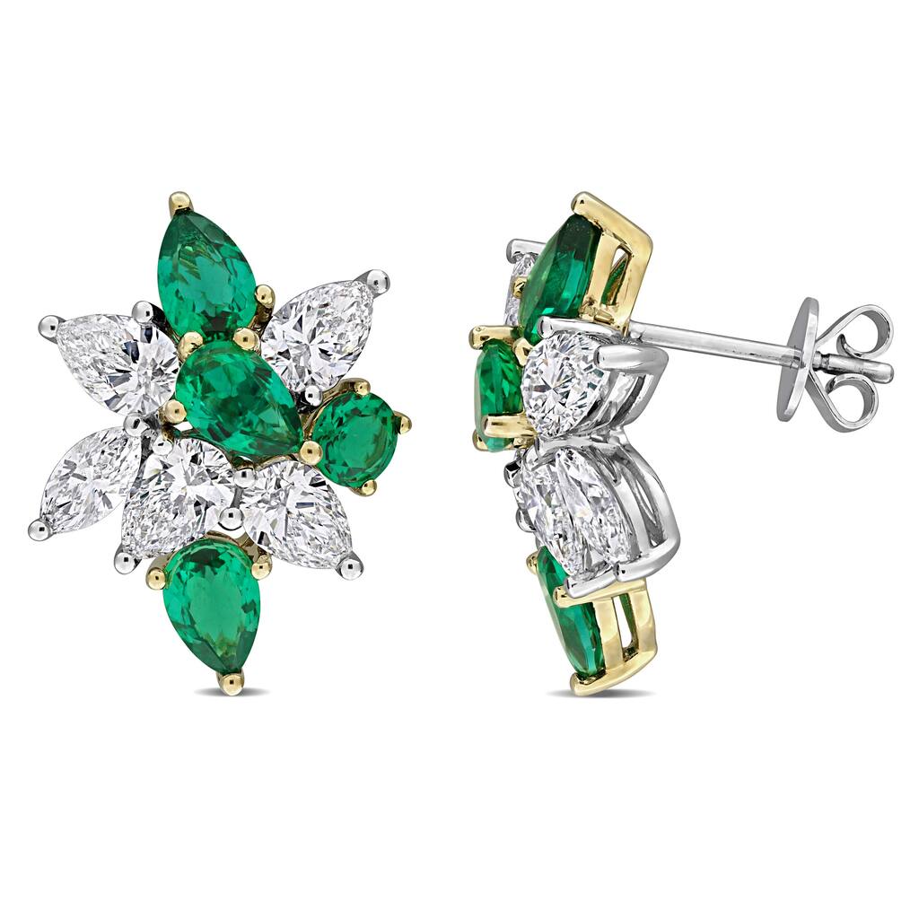 3ct TW Lab-Grown Diamond 2 7/8ct TGW Created Emerald Earrings in 18k Two-Tone Gold