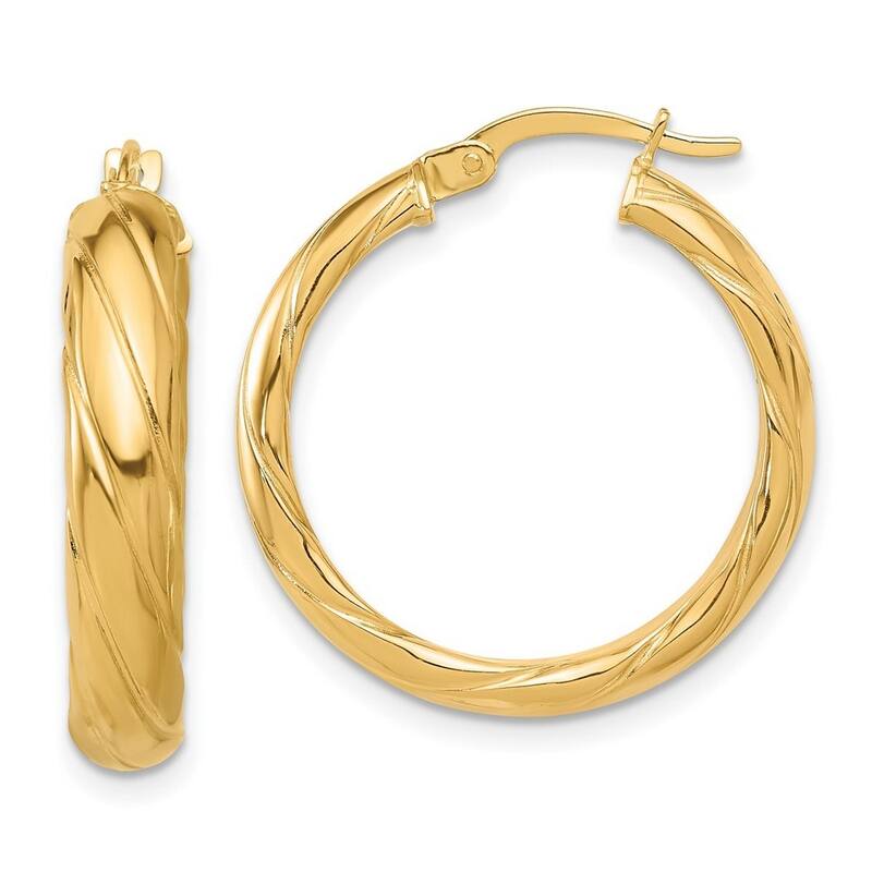 Curata 14k Yellow Gold Polished and Textured Hoop Earrings - 26x25mm