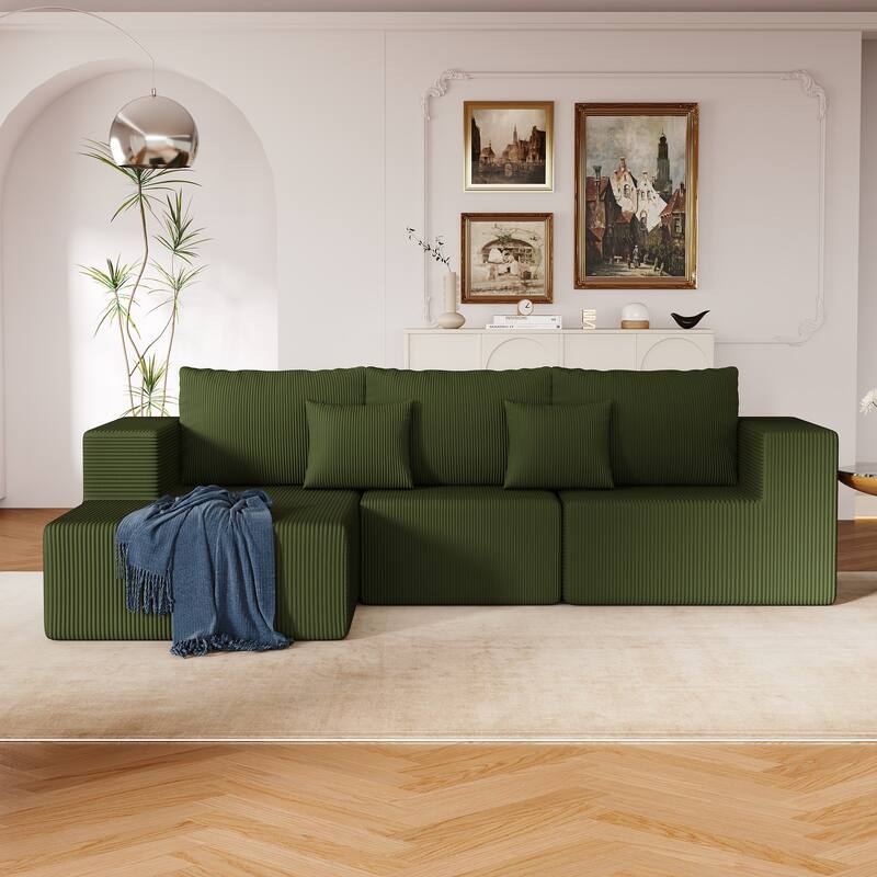 L Shaped Sectional Foam Sofa, Upholstered Corduroy Fabric Sofa, Modular Cloud Couch with Chaise Lounge & Removable Covers - Green