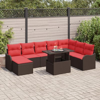 vidaXL 9 Garden Sofa Set with Cushions Black/Brown/Grey Poly Rattan - 113.2 x 73 x 27.2