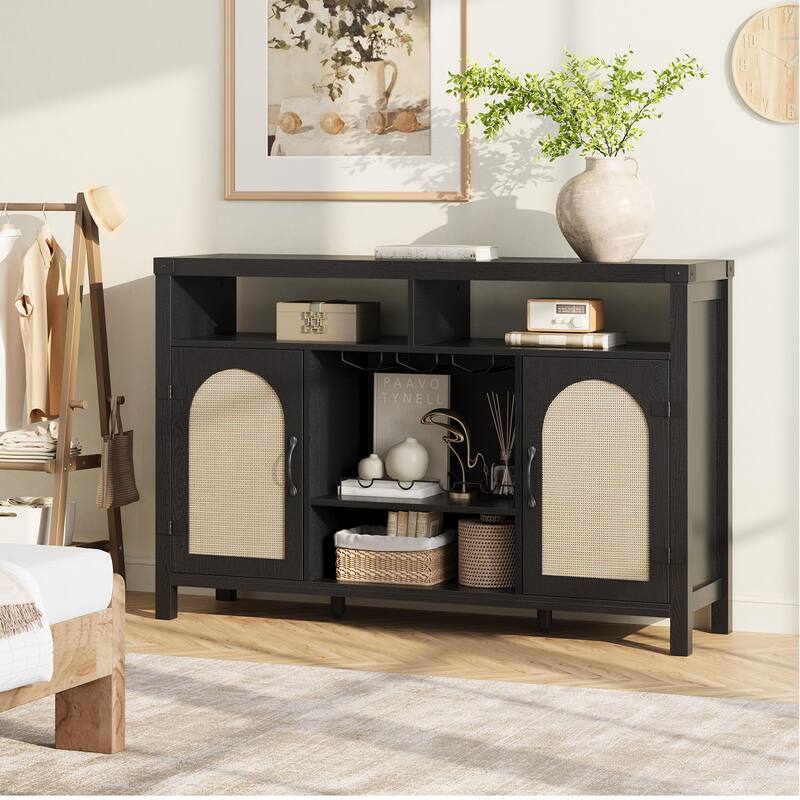 52" Rattan Sideboard Buffet Cabinet with Storage and Wine Racks, Farmhouse Kitchen Buffet Cabinet with Drawer