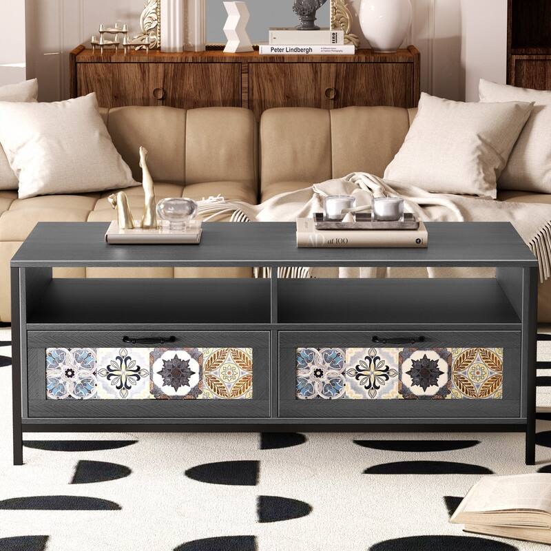 Mixoy Coffee Table, Mid Century Modern Coffee Table with 2 Open Shelves and 2 Storage Cabinets for Living Room - 47in*24in*19in - Grey - 47in*24in*19in