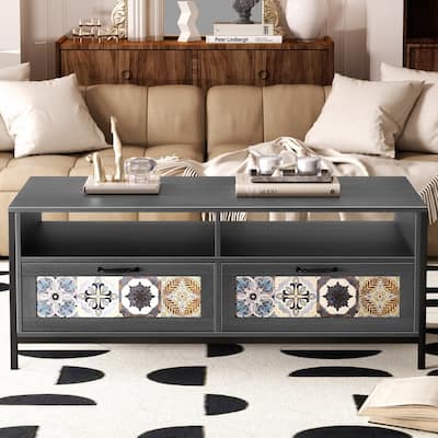 Mixoy Coffee Table, Mid Century Modern Coffee Table with 2 Open Shelves and 2 Storage Cabinets for Living Room - 47in*24in*19in