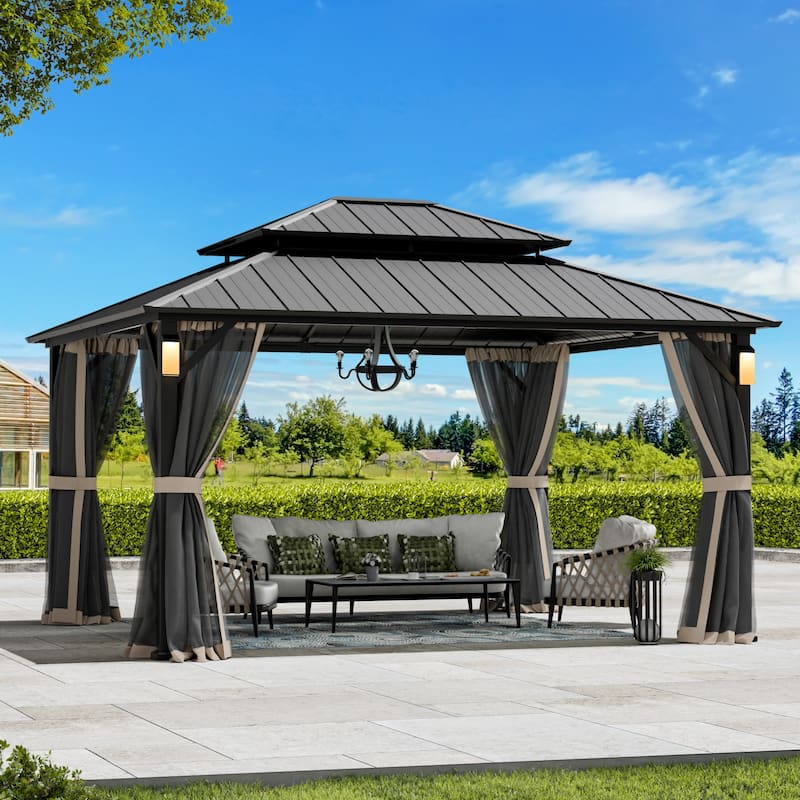 Permanent Hardtop Gazebo 12' x 14' wiith 4 LED Lights, with Galvanized Steel Double Roof, Mosquito Nettings, Black