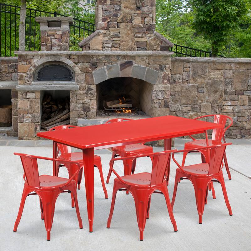 Rectangular Metal Indoor-Outdoor Table Set - Red
