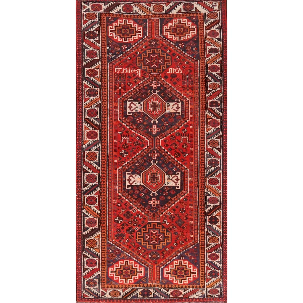 Hand Knotted Oriental 100% Wool Carpet Traditional Tribal Oranges & Rust Shiraz Runner Rug - 9' 5'' X 4' 4''