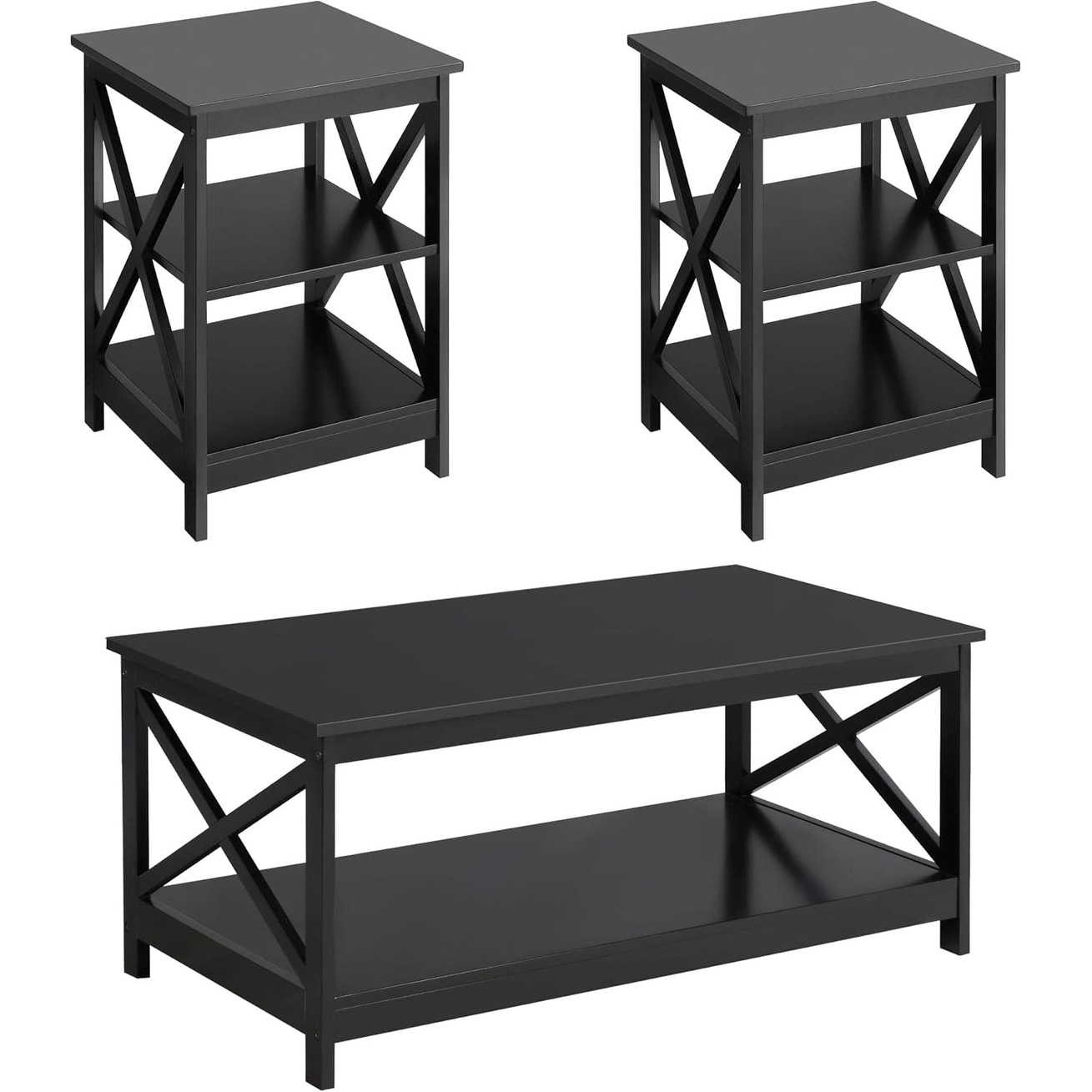 3-Piece Table Set with X-Design Coffee Table and 3-Tier Side Tables, Easy Assembly, Black