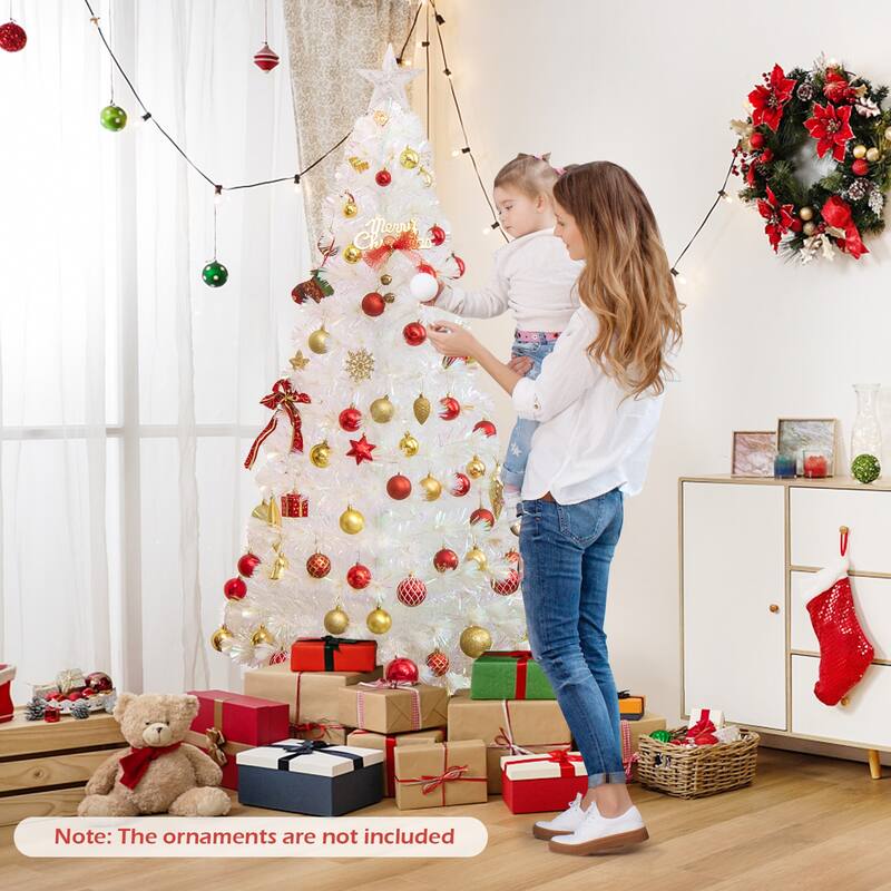 6 Feet Pre-Lit White Artificial Christmas Tree with Iridescent Leaves