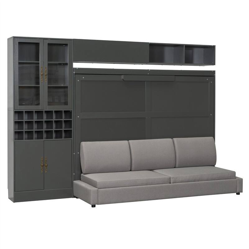 Full/Queen Size Murphy Wall Bed with Sofa, Light and USB Ports, Space Saving Foldable Murphy Cabinet Bed w/ Wine Rack & Shelves