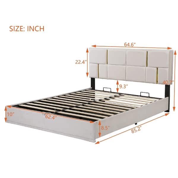 dimension image slide 3 of 4, Queen Size Bed Grounding Platform Bed with Hydraulic Storage Upholstered Low Profile Bed Wingback Bed with Metal Legs