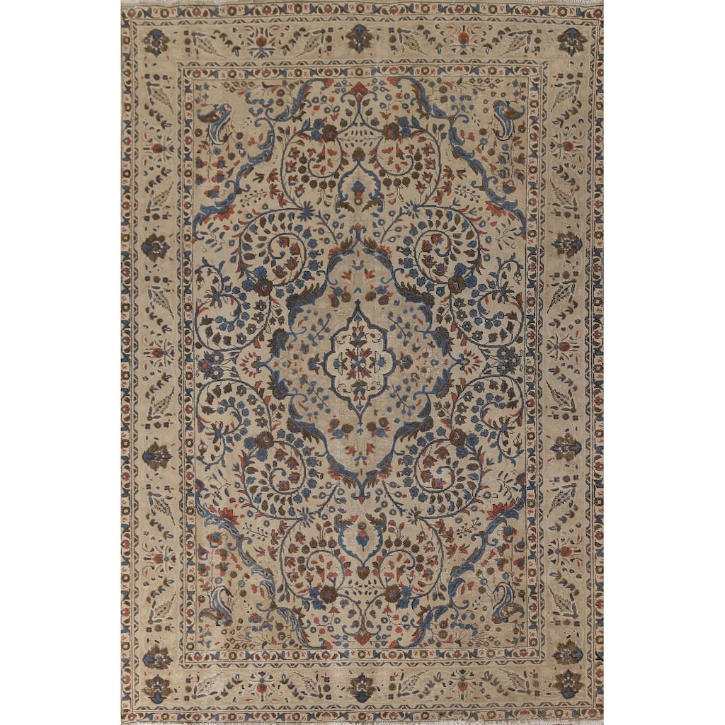 Floral Tabriz Persian Vintage Rug Hand-Knotted Wool Carpet - 6'9"x 9'11"