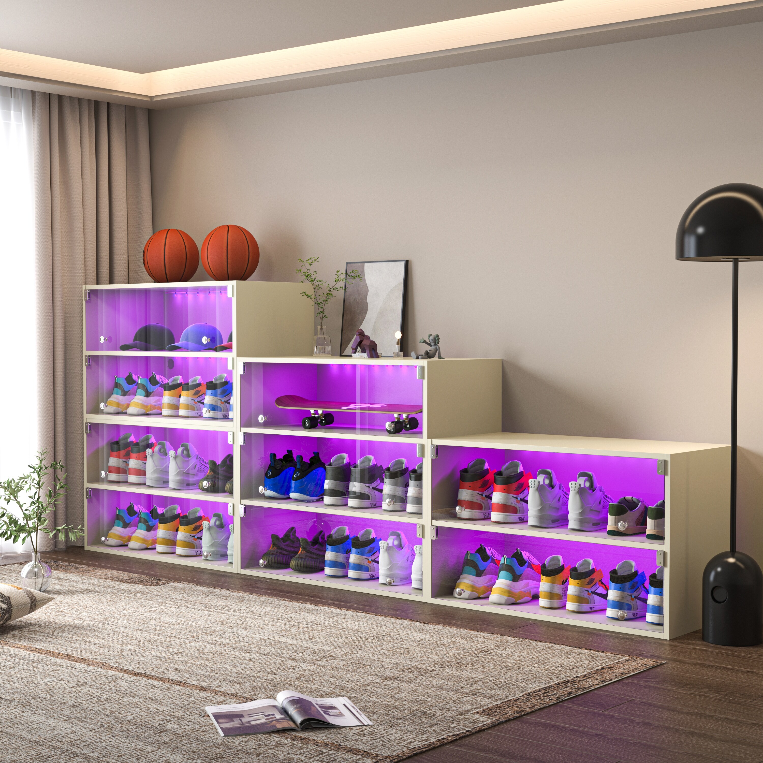 Layers Glass Door Shoe Box Storage Cabinet For Sneakers With RGB