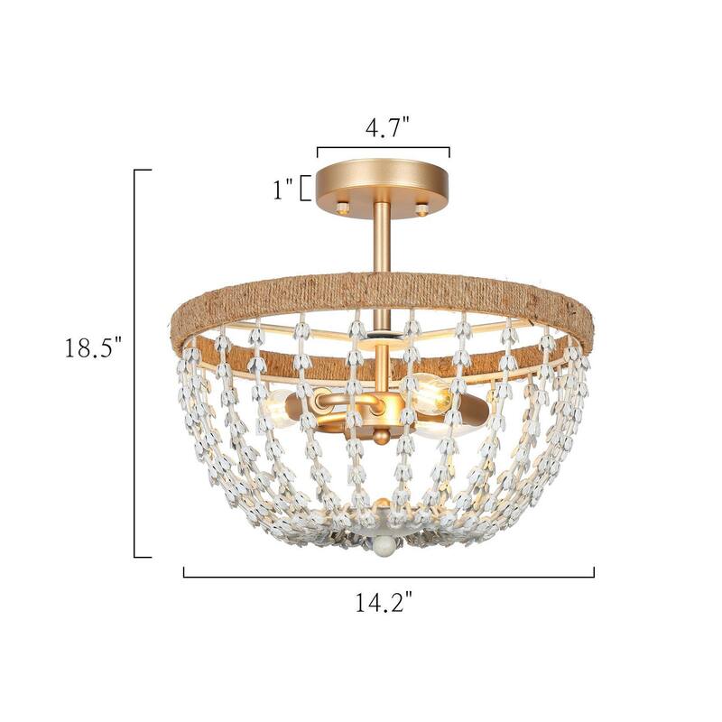 Farmhouse Boho Beaded 3-Light Chandelier Gold Semi-flush Mount Ceiling Light for Kitchen Island Living Room