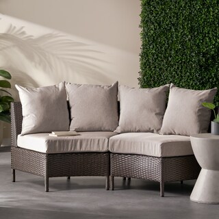 Newton Wicker Outdoor Curved Loveseat Sectional with Cushions by Christopher Knight Home