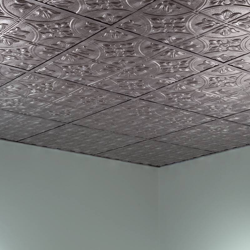 FASÄDE Traditional Style 2 Decorative Vinyl 2ft x 2ft Lay in Ceiling Panel in Crosshatch Silver (5 Pack)