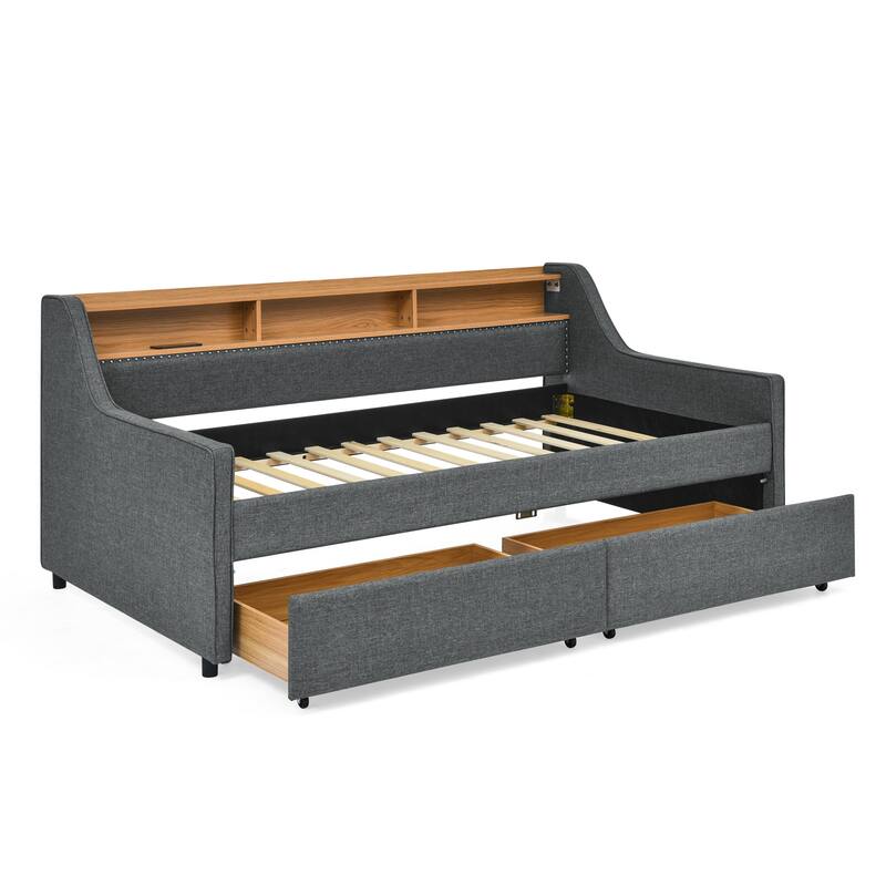 Roomfitters Twin Upholstered Sofa Bed with Adjustable Storage Headboard, Backlit Shelf and Underbed Storage Trundle