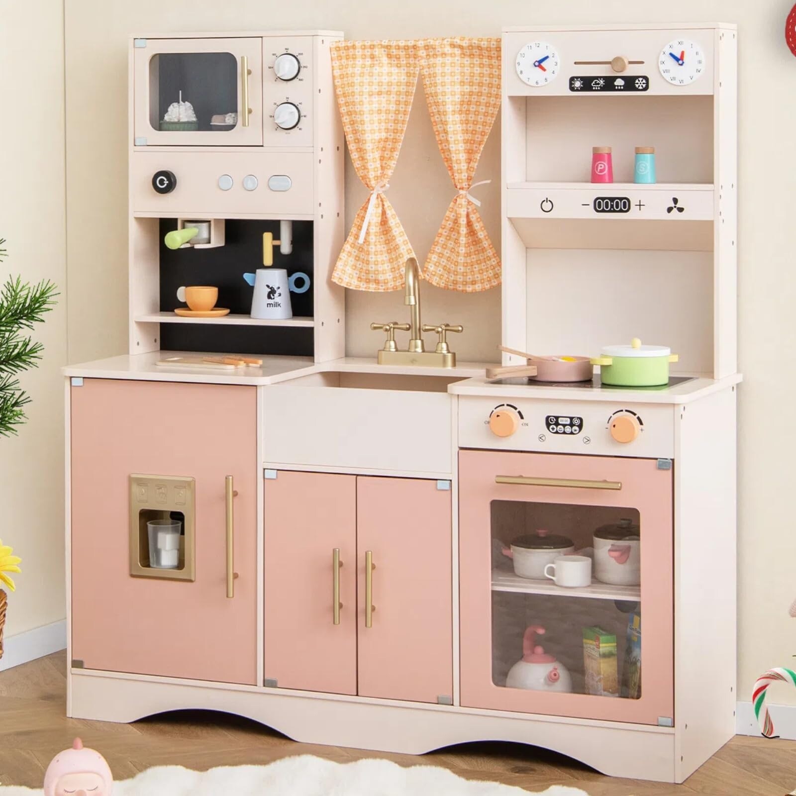 Kids Kitchen Playset Wooden Play Kitchen for Toddlers Ice Maker Coffee Maker Stove Faucet Microwave Large Storage Cabinet