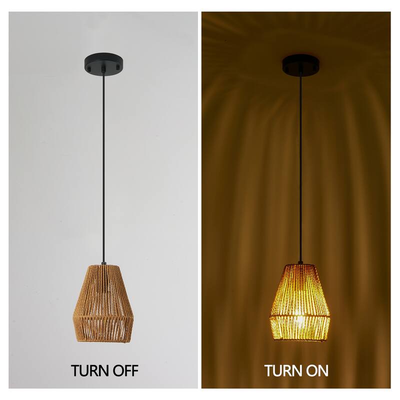 7" Set of 3 Rustic Hemp Rope Pendant Light, Handcrafted Farmhouse Hanging Light Fixture, Adjustable Height Ceiling Lamp - Wood