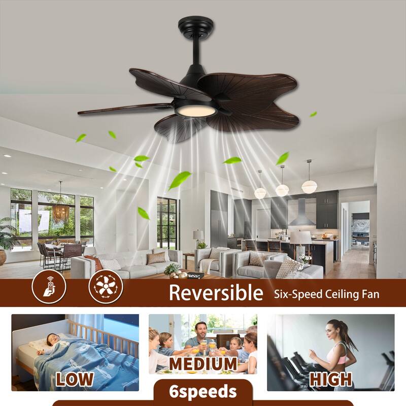 44-Inch Ceiling Fan with Light, 5 Solid Wood Blades, DC Motor, APP & Remote Control, Dimmable Full-Spectrum LED - Acacia Wood