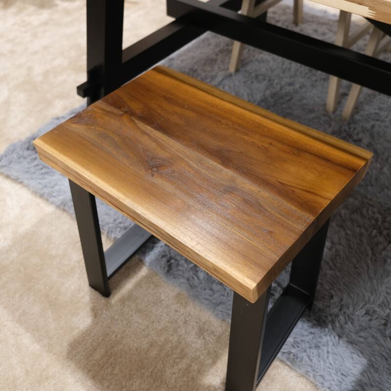 Greenage Pieced Teak Rectangle Bench Rustic Metal Seating Chair - 19.5"x13.8"x16"H