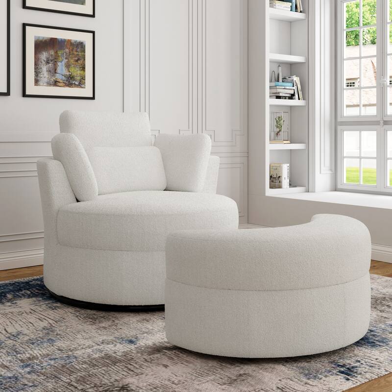Chenille/Boucle Swivel Barrel Chair with Storage Ottoman