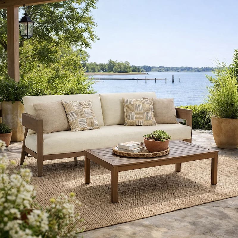 Baily Outdoor Sofa, 4 Throw Pillows, Cream White, 87 Inch Brown Metal