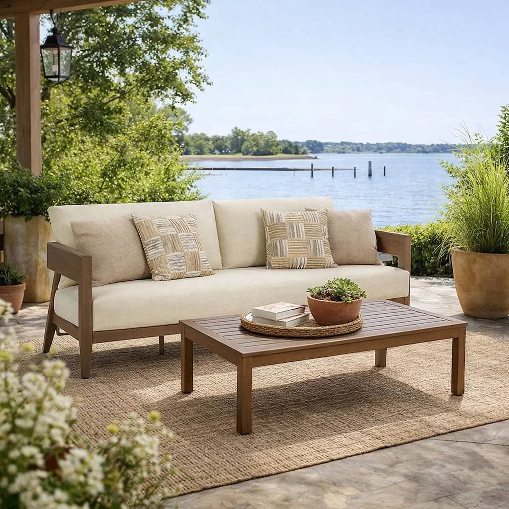 Baily Outdoor Sofa, 4 Throw Pillows, Cream White, 87 Inch Brown Metal