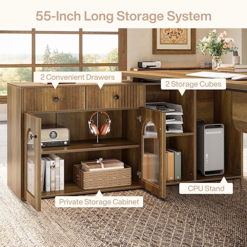 Wood L-Shaped Executive Desk with File Cabinet for Home Office