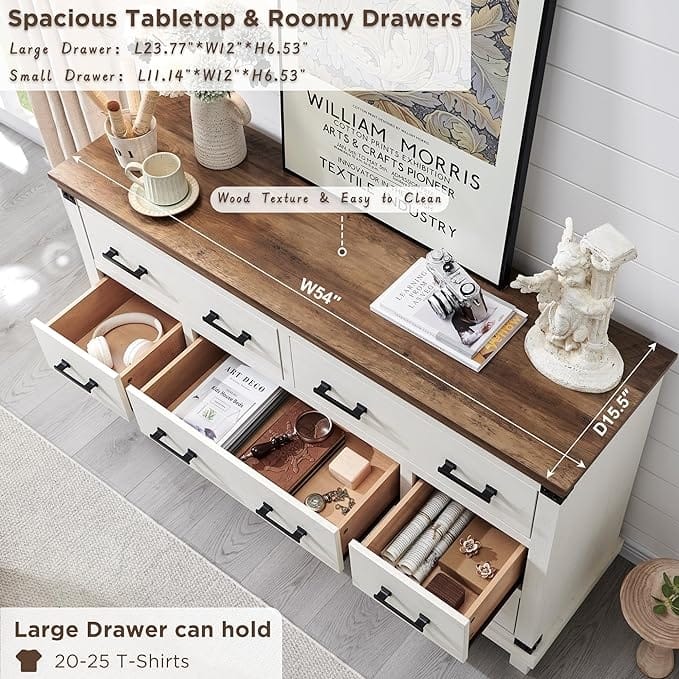 Farmhouse 7 Drawers Dresser, Wood Chest of Drawers, Closet Dresser