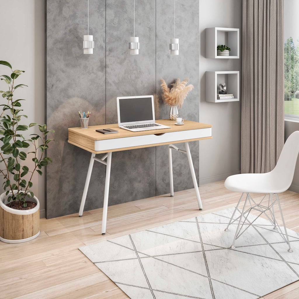 Sleek Multi-Storage Computer Desk in Pine with Full Width Drawer and Steel Legs for Organized Workspaces