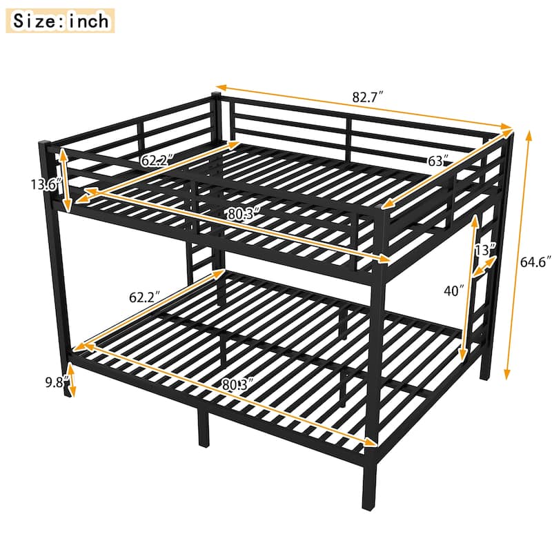 Metal Queen over Queen Bunk Bed for Teens and Adults, Heavy-Duty Noise-Free Frame with Dual Ladders and Guardrails