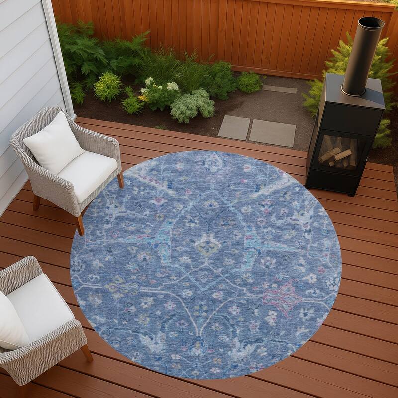 Machine Washable Indoor/ Outdoor Traditional Vintage Chantille Rug - Blue - 8' x 8'