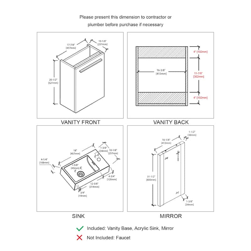 Blossom 18 Inch Floating Wall-Mount Vanity Set w/ Acrylic Sink
