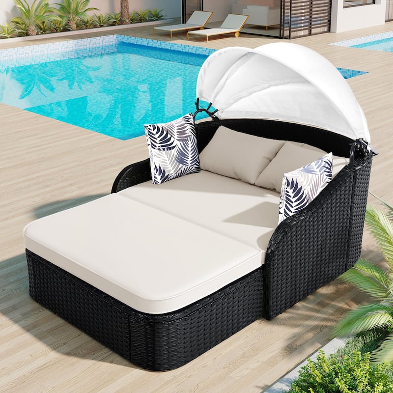 Outdoor Sunbed with Adjustable Canopy, Double lounge, PE Rattan Daybed