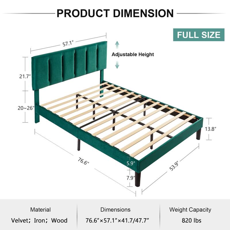 Javlergo Velvet Upholstered Platform Bed Frame with Adjustable Headboard
