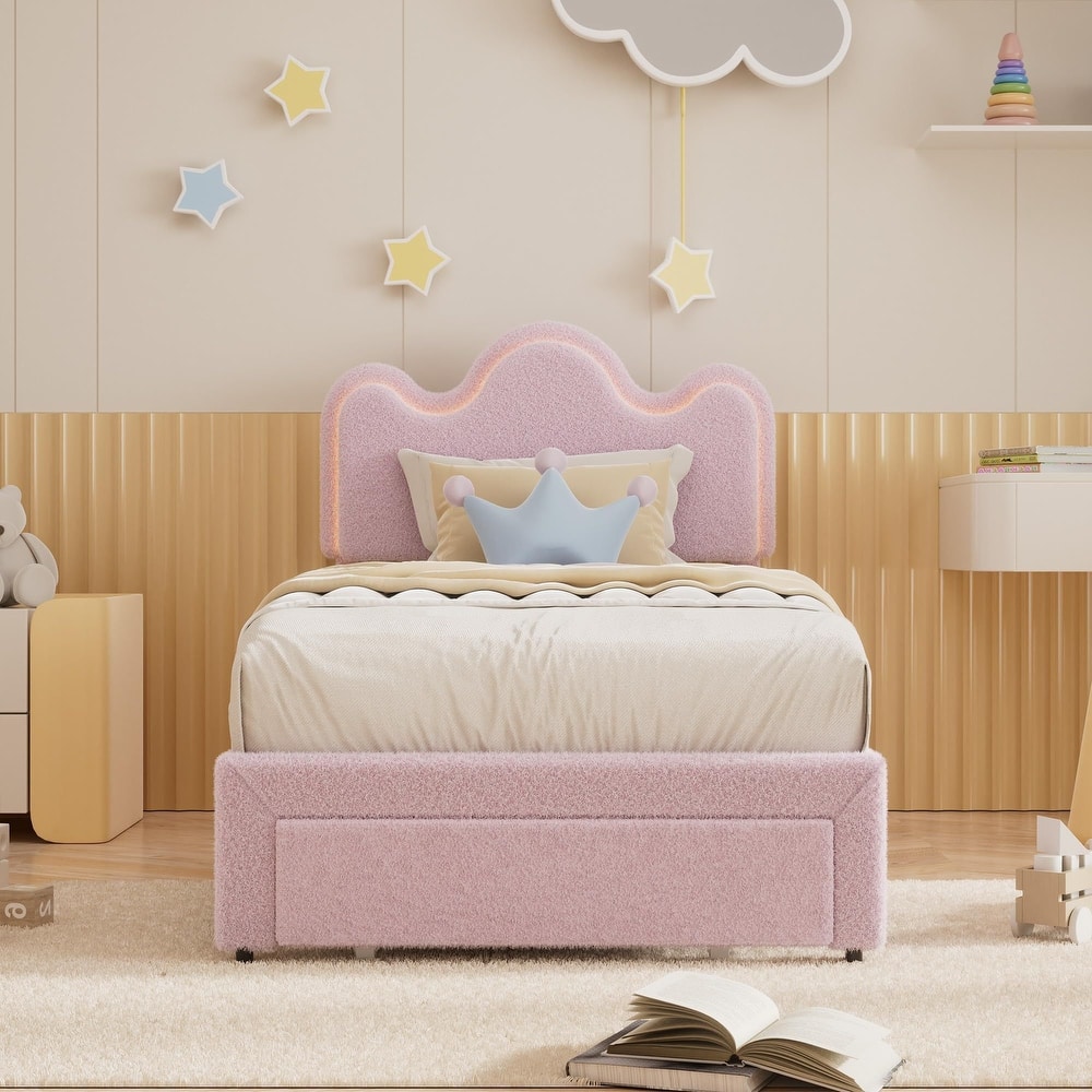 Upholstered LED Bed Frame, with Storage Drawer, No Box Spring Needed