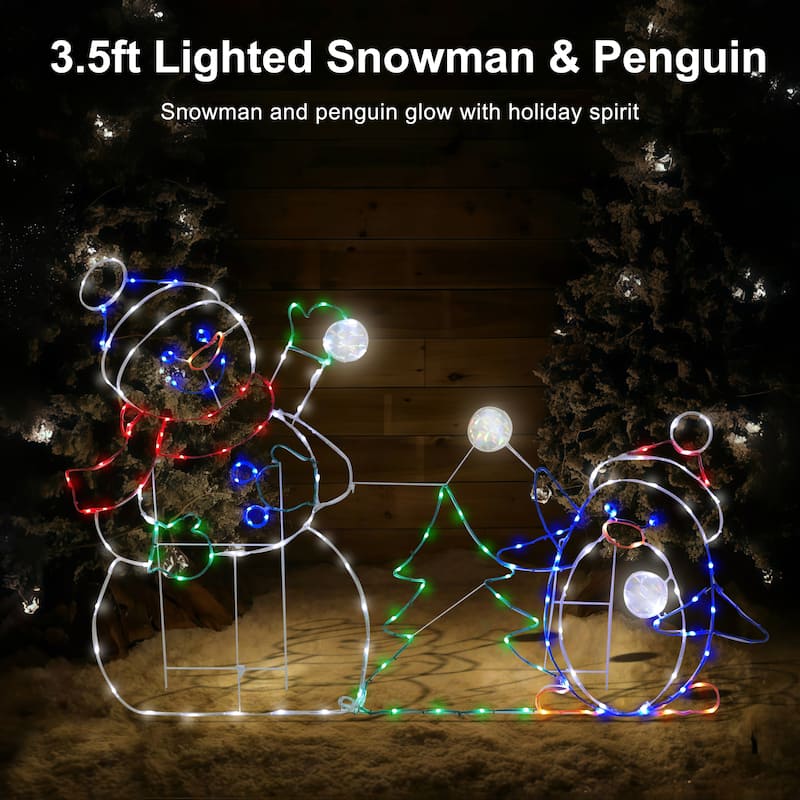 Puleo International 3.5' Snowman with Penguin Outdoor Christmas Decor with 197 Multi-Color LED Lights with Motion - White