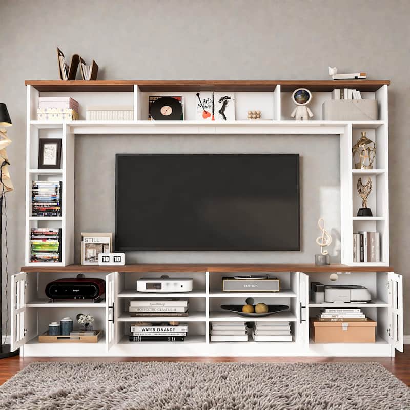 95.5" Wall Unit Entertainment Center TV Stand with Bookshelves, Storage Cabinets and Glass Doors for 80 Inch TV