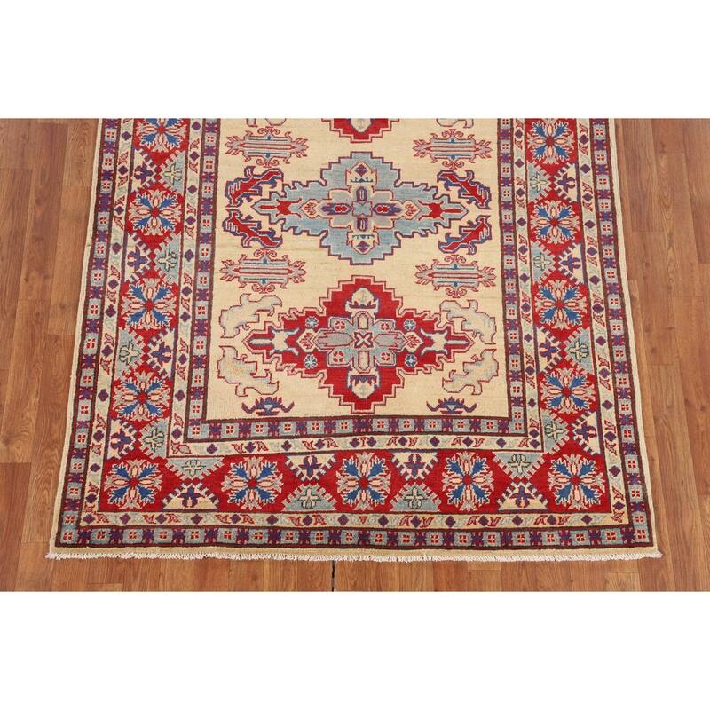 Geometric Beige Kazak Area Rug Hand-Knotted Bedroom Wool Carpet - 4'10" x 6'5"